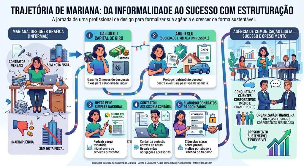 Trajetória de Mariana, uma profissional especializada em design gráfico que decidiu transformar seu trabalho autônomo em uma agência de comunicação digital